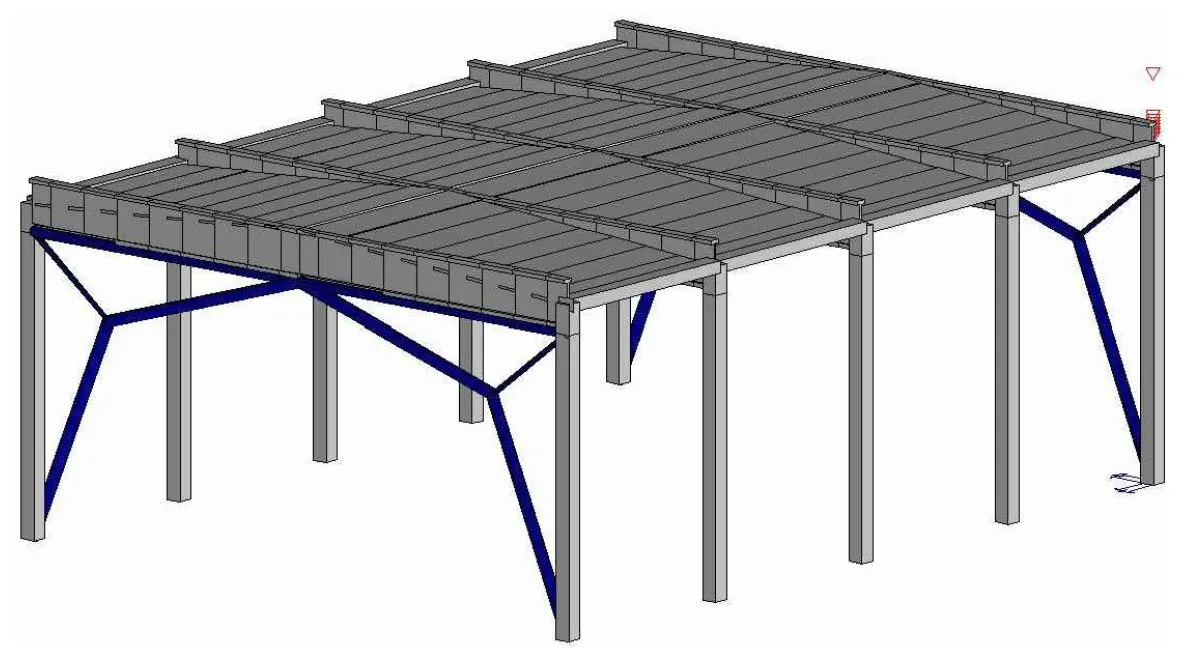 Modello 3D dei controventi verticali di testata aggiunti alla copertura della palestra